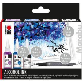 Набор чернил спиртовых Underwater, 3 шт, 1 двусторонний маркер, 5 л. бумаги А6, Marabu