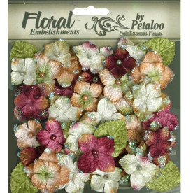 Набор бархатных цветов и листьев Velvet Hydrangeas - Maroon от Petaloo, 38-40 шт