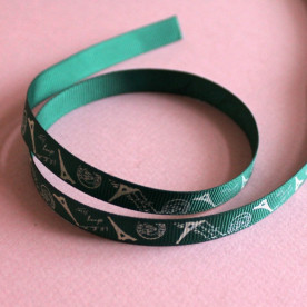 Репсовая лента зеленого цвета с принтом "Париж", ширина 10 мм, длина 90 см