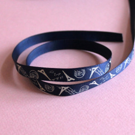 Репсова стрічка синього кольору з принтом "Париж", ширина 10 мм, довжина 90 см