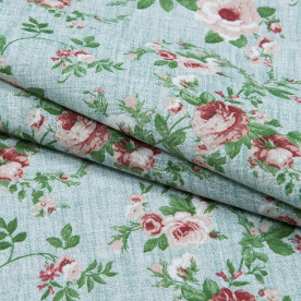 Декоративная ткань, лонета неус, цветы мелкие гранат, зеленый, 70% хлопок, 156 г/м2, 50х70 см