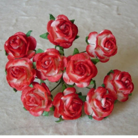 Набір 10 декоративних трояндочок червоно-білого кольору, відкритий бутон 15 мм.