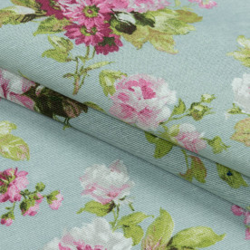Декоративна тканина Лонет, Флорал, Букетик, фуксія, фон блакить, 160 г/м2, 50х50 см