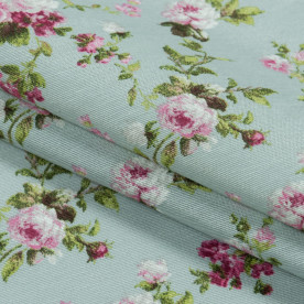 Декоративна тканина Флорал - Квіти дрібні фуксія, фон блакить, розмір 50х70 см, бавовна 60%, поліестер 40%, щільність 160