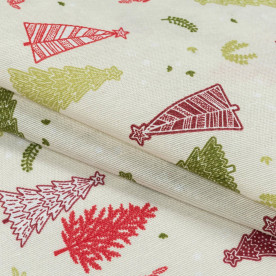 Декоративна новорічна тканина, лонета, Ялинки, молочний, бавовна 70%, 50х70 см, 163 г/м²