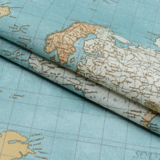 Декоративная ткань Карта мира, бирюзовый, хлопок 70%, 50х70 см, плотность 160