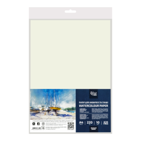Папір для акварелі, пакет, А4 (21*29,7см), 220г/м2, 10л, середнє зерно, ROSA Studio