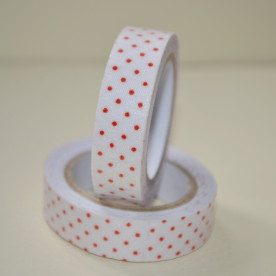 Стрічка тканинна на клейовий основі, червоний горошок на білому тлі, 15 мм, 4 м