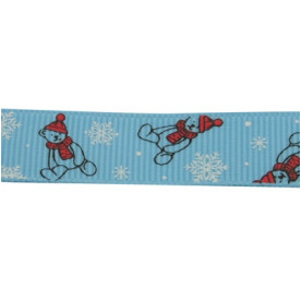 Репсова блакитна стрічка з принтом "Ведмедик", 90 см, 10 мм