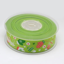 Репсовая зеленая лента с принтом Рукавички, 90 см, 16 мм