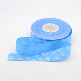 Репсова блакитна стрічка з принтом Сніжинки, 90 см, 25 мм