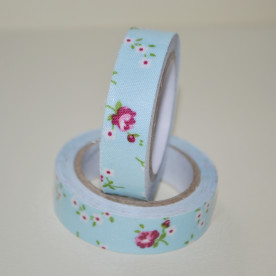 Стрічка тканинна на клейовий основі, весняні квіти рожевий на блакитному тлі, 15 мм, 4 м