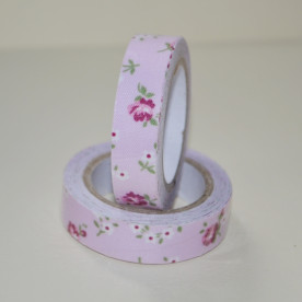 Стрічка тканинна на клейовий основі, весняні квіти малиновий на рожевому тлі, 15 мм, 4 м