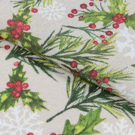 Декоративная новогодняя ткань, Лонета Christmas Flake, ягоды, веточки, хлопок 60%, бежевый, 146 г/м2, 50х70 см