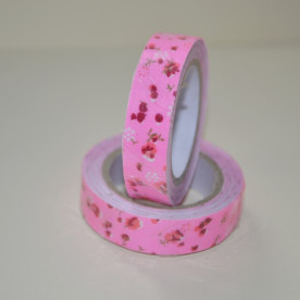 Лента тканевая на клеевой основе, алые цветы на розофом фоне, 15 мм, 4 м