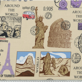 Бязь набивная голд Путешествия, размер 50х55 см, хлопок 52%, плотность 120г/м2