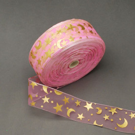 Лента из органзы розового цвета с изображением луны и звезд, 90 см, 25 мм
