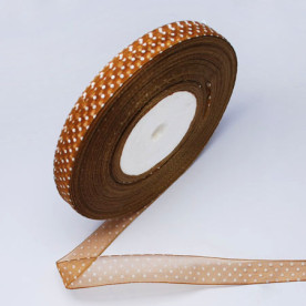 Стрічка з органзи в горошок, коричнева, 14 мм, 90 см.