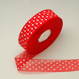 Стрічка з органзи червоного кольору в горошок, 40 мм, 90 см.