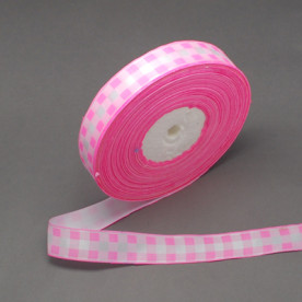 Атласна стрічка з принтом в рожеву клітку, ширина 25 мм, довжина 90 см.