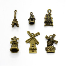 Набір підвісок Будинки, антична бронза, 6 шт.