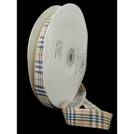 Лента сатиновая в клеточку, бежевая, 15 мм, 90 см