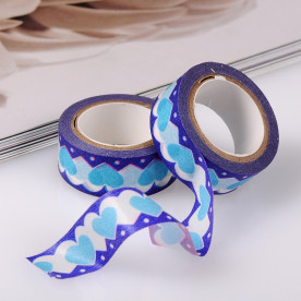 Декоративный бумажный скотч Сердечки голубые, 15 мм, 5 м