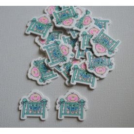 Деревянная пуговица Малыш в кроватке, бирюзовый, 31*31 мм, 1 шт