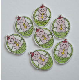 Деревянная пуговица Малыш в корзинке, зеленый, 3 см, 1 шт