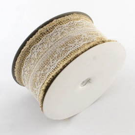 Стрічка з мішковини з мереживом білого кольору, 1 м, ширина 5 см