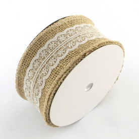 Стрічка з мішковини з мереживом білого кольору, 90 см, ширина 5 см