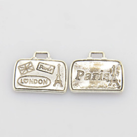 Металлическая подвеска "Чемоданчик с городами", серебро, 14*17*2 мм, 1 шт