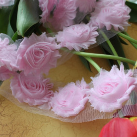 Стрічка шифонова, 60 мм завширшки, 30 см, 5 квіток, колір рожевий