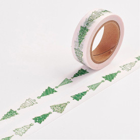 Бумажный скотч Зеленые елочки, 15 мм, 10 м