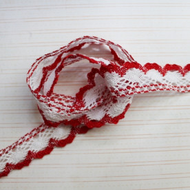 Хлопковое кружево двухцветное, ширина 28 мм, длина 90 см, цвет бело-красный