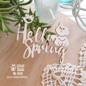 Чипборд надпись "Hello Spring" с котиком Hi-438 , Scrapbox