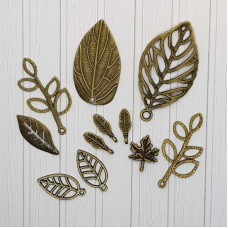 Набір металевих підвісок Листочки, антична бронза, 11 шт.