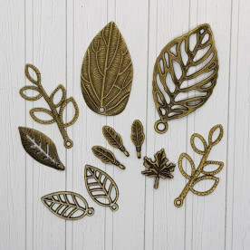 Набор металлических подвесок Листочки, античная бронза, 11 шт.