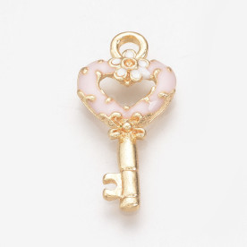 Подвеска с эмалью, Ключик с сердечком, светлое золото с розовым, 1 шт, 23x11x3 мм