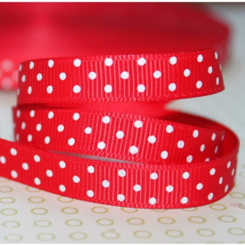 Репсовая лента в горошек красно-белая, ширина 10 мм, длина 90 см.