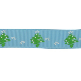 Репсова блакитна стрічка з принтом "Новорічна ялинка", 90 см, 10 мм