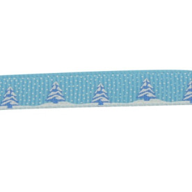 Репсова блакитна стрічка з принтом "Зимова ялинка", 90 см, 10 мм