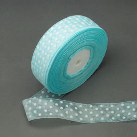 Лента из органзы голубая в белый горошек, длина 90 см, ширина 40 мм