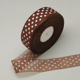 Лента из органзы коричневая в белый горошек, длина 90 см, ширина 40 мм
