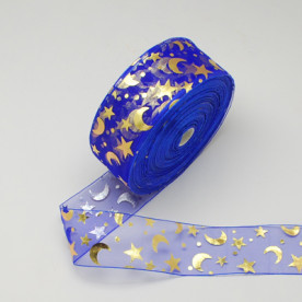 Лента из органзы синего цвета с изображением луны и звезд, длина 90 см, ширина 38 мм