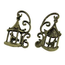 Металлическая подвеска "Птичка в фигурной клетке", бронза, 35х21 мм, 1 шт