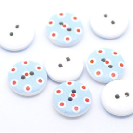 Деревянная пуговица голубая в красный горошек, 15 мм, 1 шт