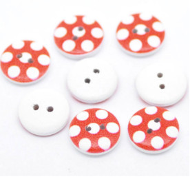 Дерев'яна гудзик червона в горошок, 15 мм, 1 шт.