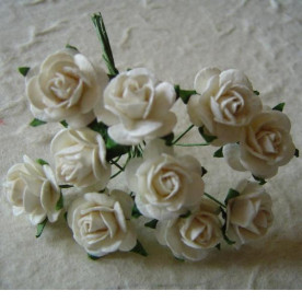 Набір 10 декоративних трояндочок білого кольору, відкритий бутон 15 мм