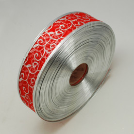 Стрічка з органзи червоного кольору з ЗОЛОТИМ візерунком, 38 мм, 90 см.
